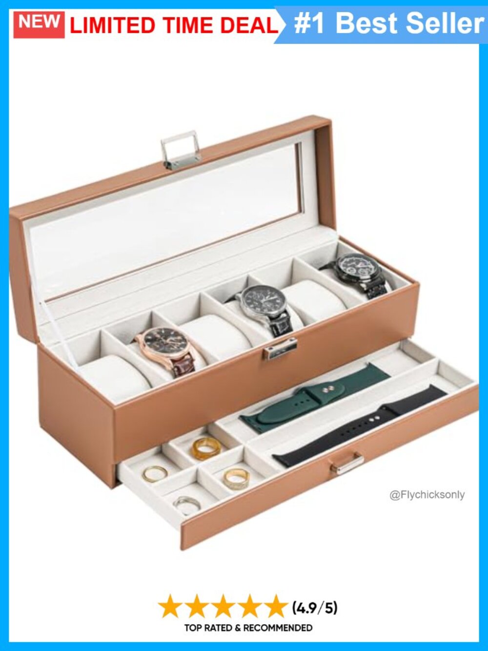 ProCase 6-Slot Watch Box Display Case with Drawer PU Leather Glass Lid